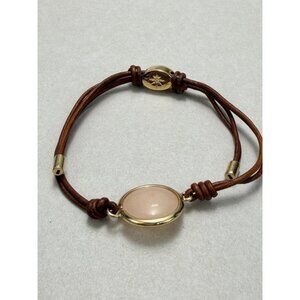 Fossil Rose Gold Tone Glitz Disc Brown Leather Bolo Adjustable Bracelet ~ Signed
